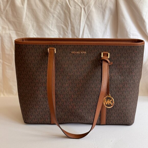 Michael Kors Sady Large Logo Canvas Top-Zip Laptop Travel Tote Brown - Picture 2 of 11